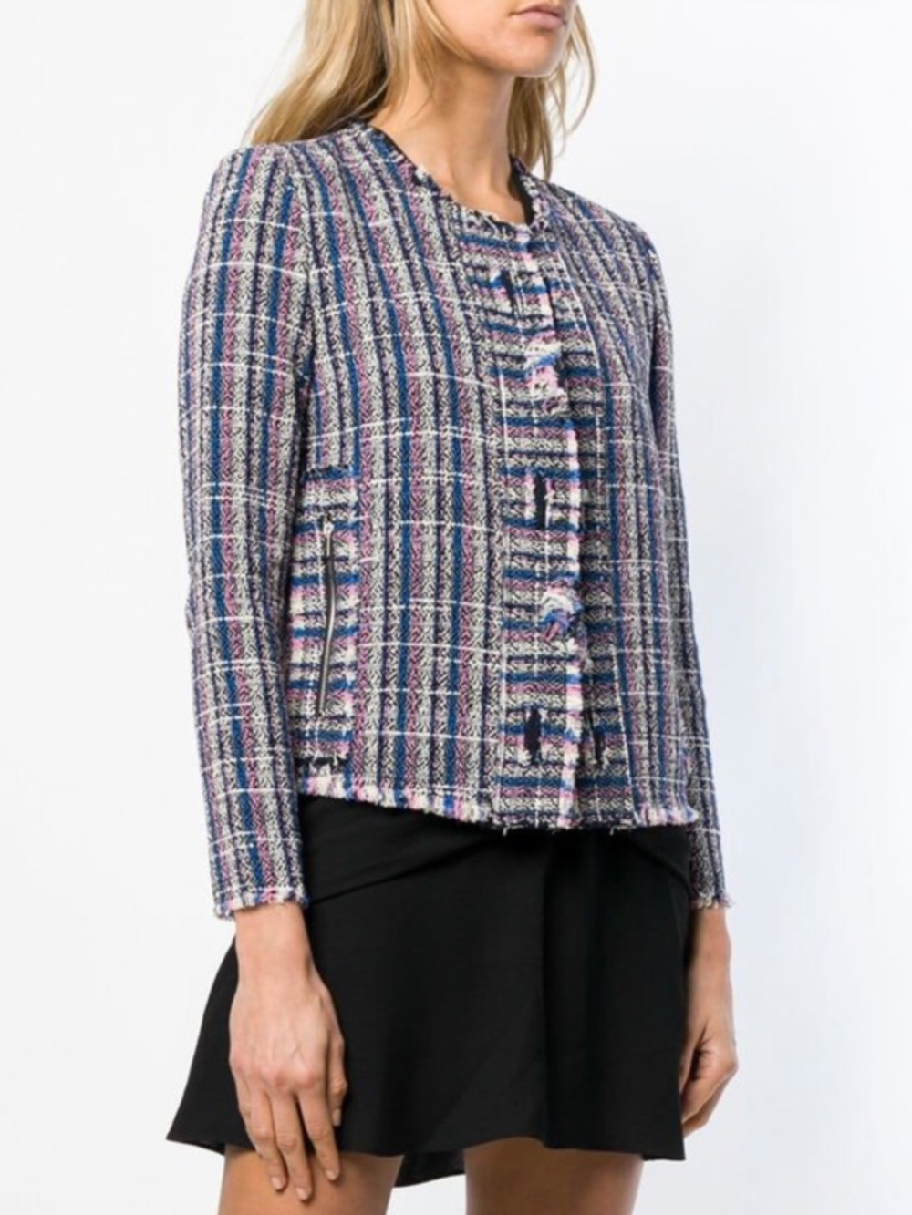 IRO Frannie Blue & Pink Tweed Frayed-Trim Blazer Size 8